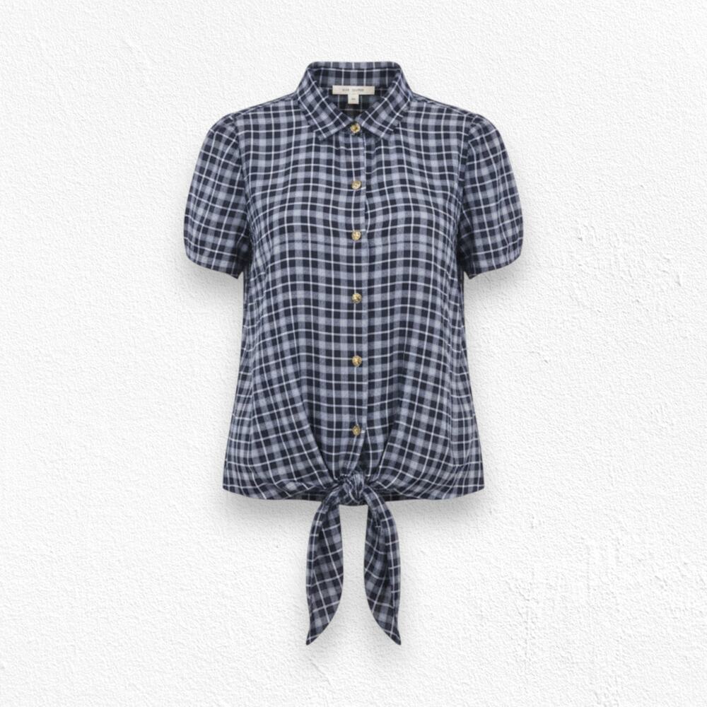 Paper Crown Navy White Plaid Tie-Front Short Sleeve Button Down Blouse Size XS